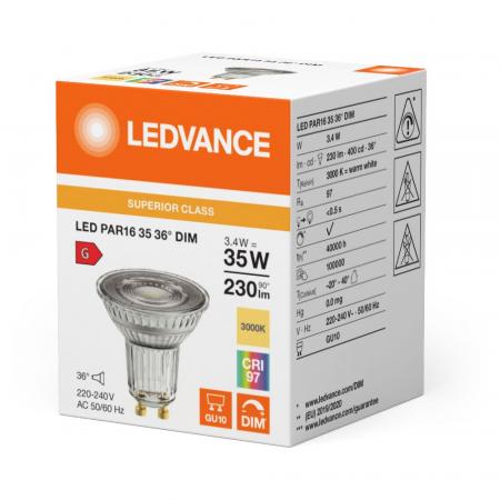Ledvance GU10 PAR16 Reflektor 36° 3,4W wie 35W dimmbarer warmweißer Strahler 3000K 97Ra sehr hohe Farbwiedergabe